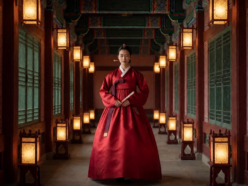 青苹果影院《后宫：帝王之妾》题材示意图：虚构成年女子穿红色韩服站在朝鲜宫殿回廊