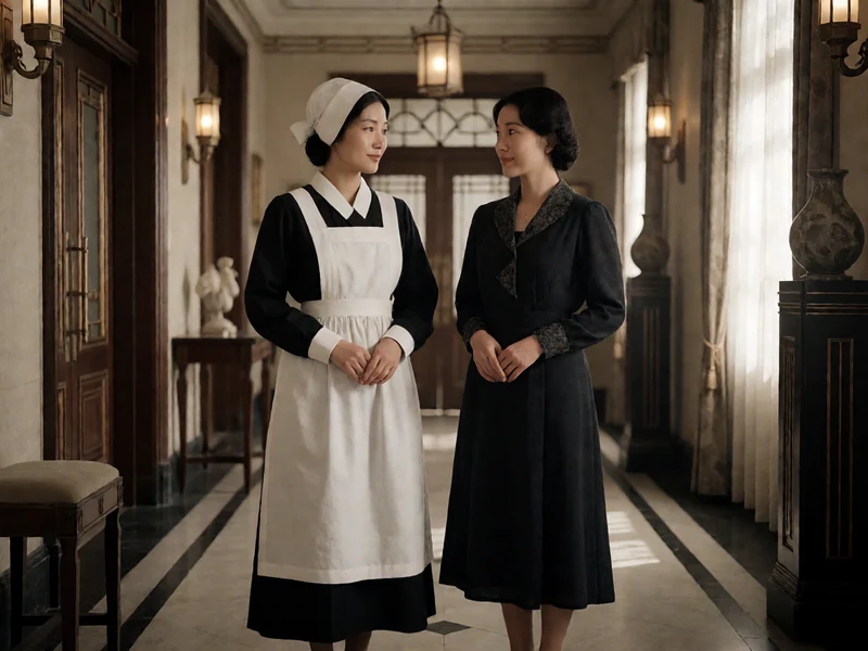 青苹果影院《小姐》题材示意图：两名虚构成年女子分别穿1930年代女仆装与深色礼服站在宅邸门廊