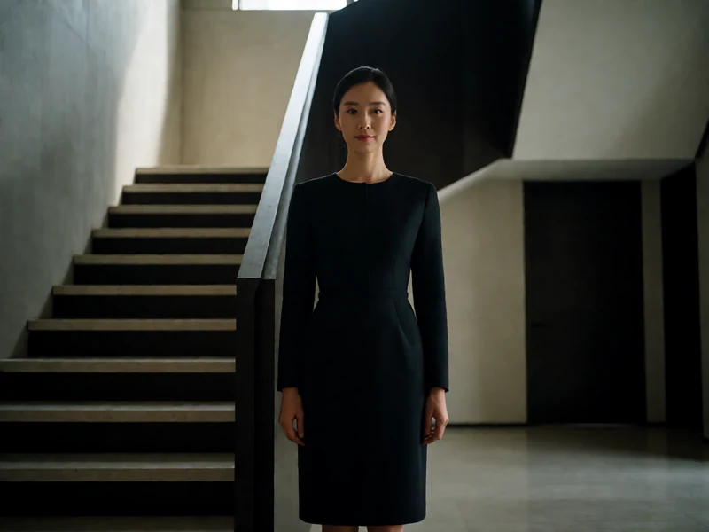 青苹果影院《下女》题材示意图：虚构成年女家政人员穿深色工作裙站在现代豪宅楼梯旁