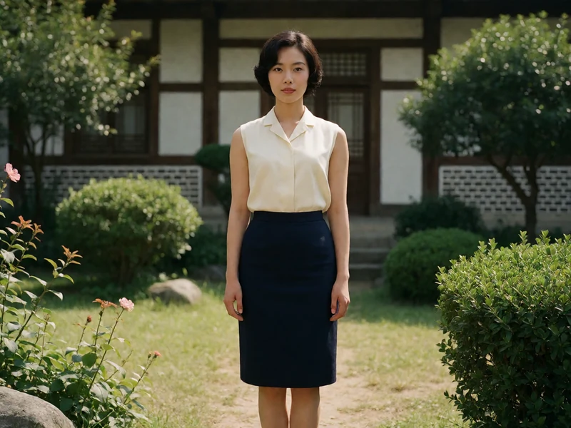 青苹果影院《人间中毒》题材示意图：虚构成年女子穿六十年代白色衬衣和半裙站在军营家属区庭院